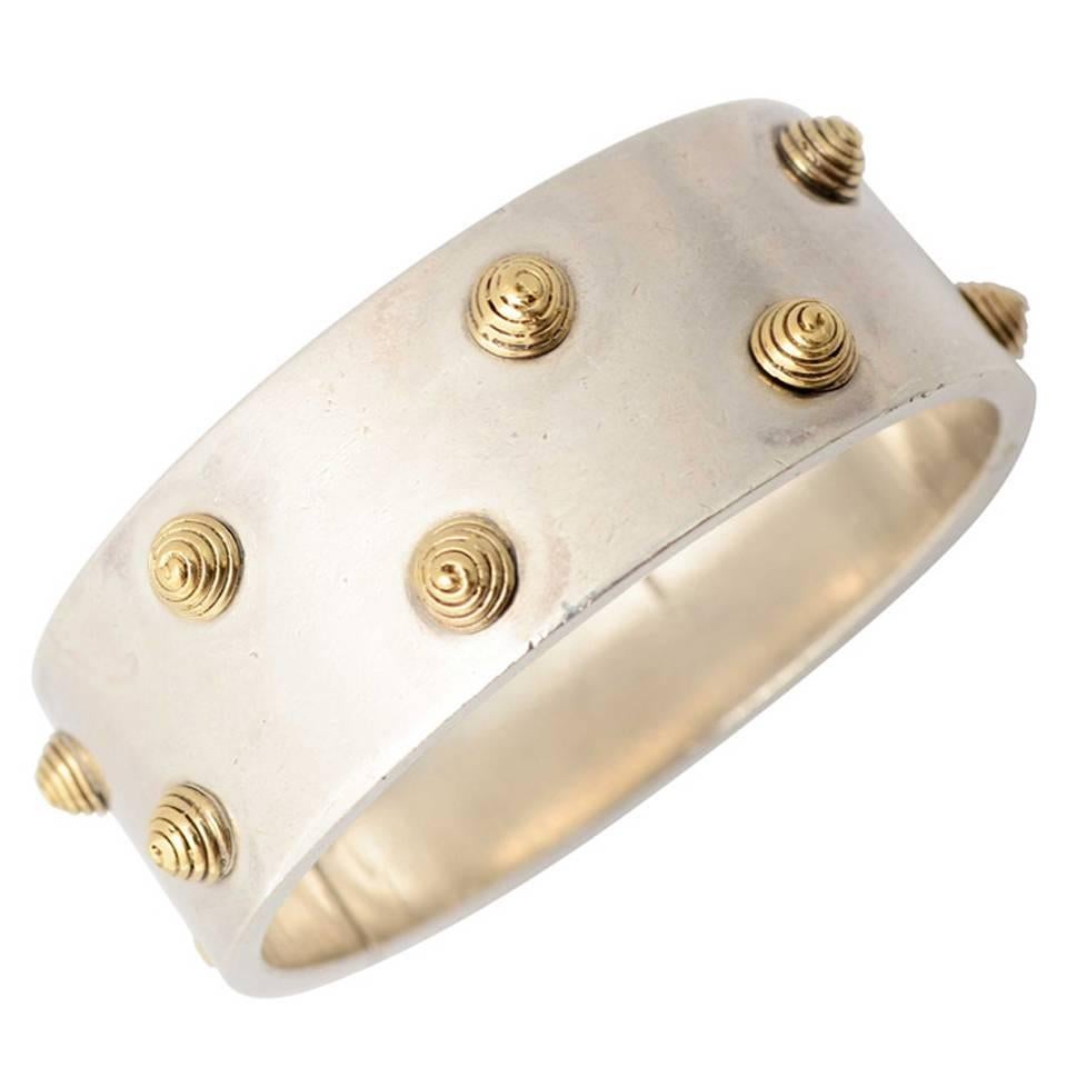 Silver Bracelet with Gold Coils For Sale
