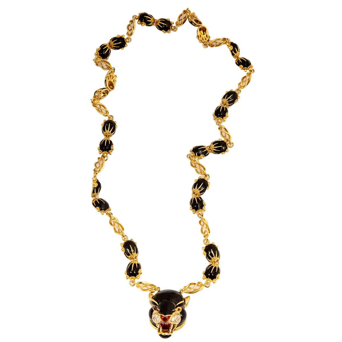 Frascorolo Jaguar Panther Black And Red Enamel Gold Necklace