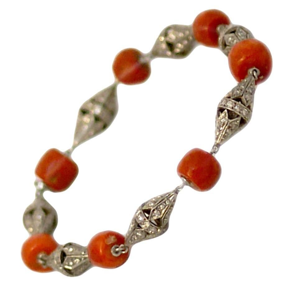 Art Deco Coral Bead and Diamond Bracelet 