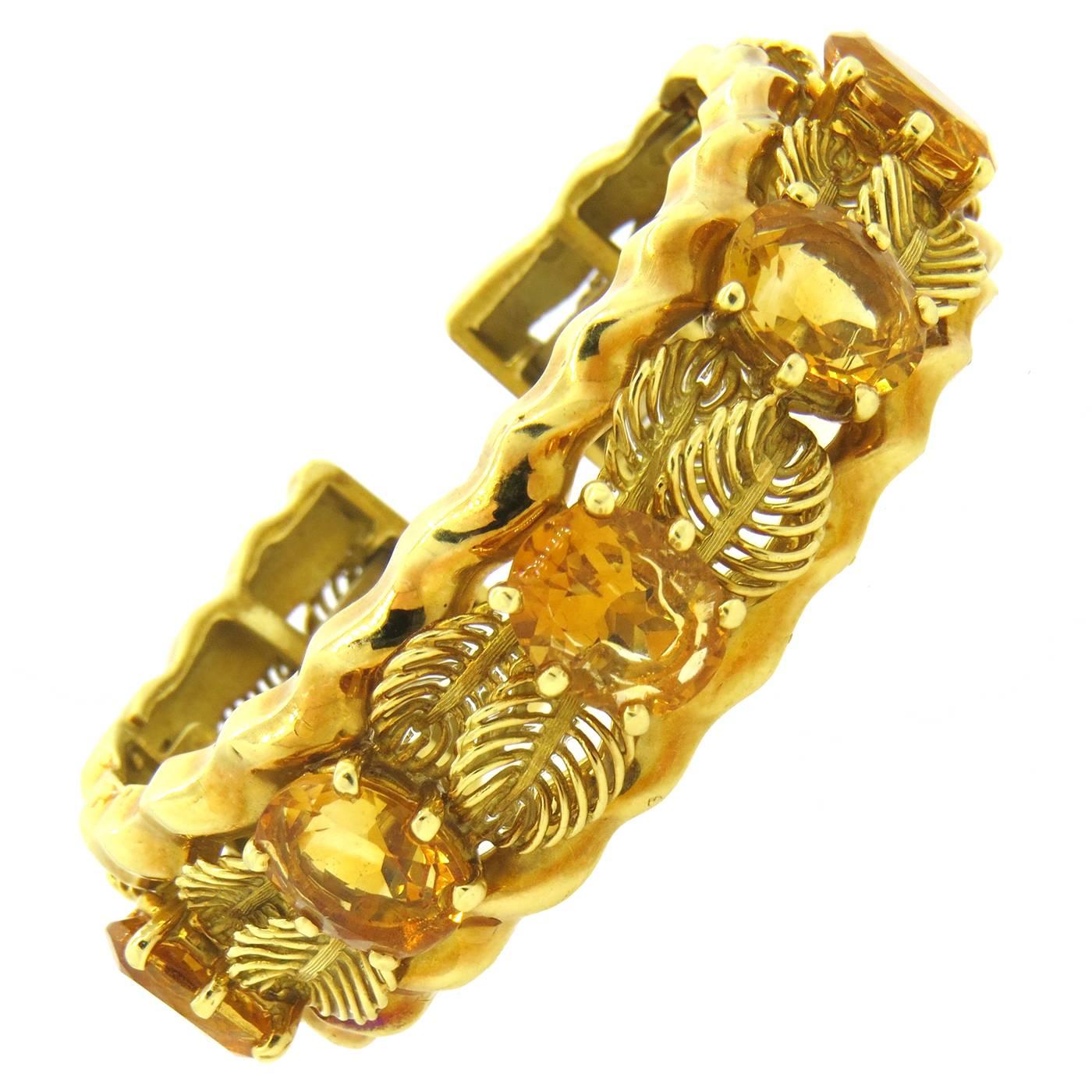 Fine Citrine Gold Leaf Motif Cuff Bracelet 