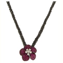 Jona Ruby White Diamond 18 Karat Gold Flower Pendant on Silver Chain Necklace