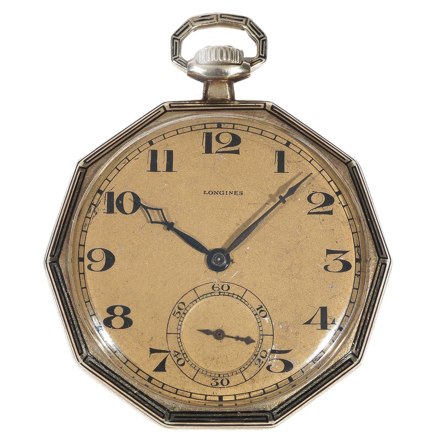 Longines Gelbgold Emaille Decagon Form Offene facettierte Taschenuhr im Angebot