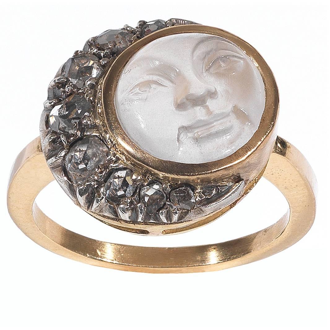 Antique Carved Moonstone Diamond gold Man in the Moon Ring