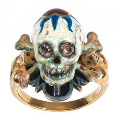 Vintage Attilio Codognato Enamel Diamond Gold Skull Bones and Dices Memento Mori Ring