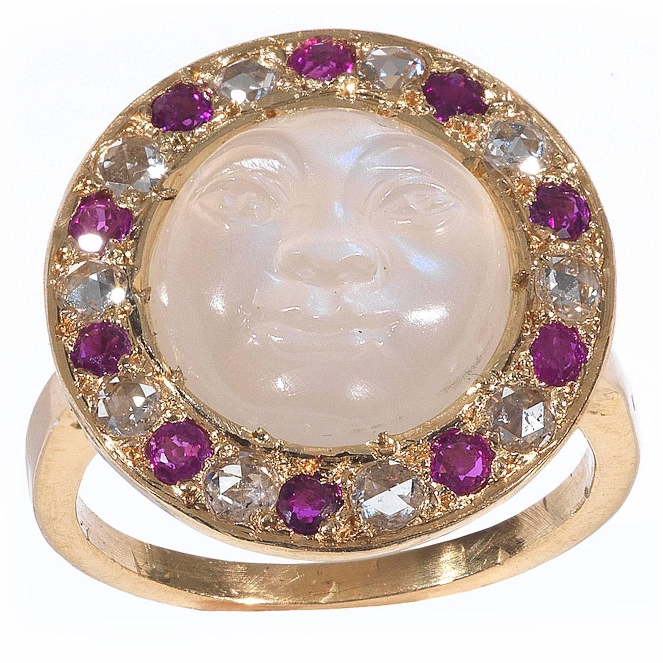 Carved Moonstone Ruby Diamond Gold Man in the Moon Ring