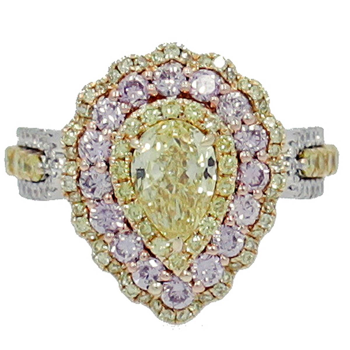Fancy Intense Yellow Pear Shaped Diamond Ring with Pink and White Diamonds For Sale