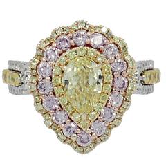 Fancy Intense Yellow Pear Shaped Diamond Ring with Pink and White Diamonds