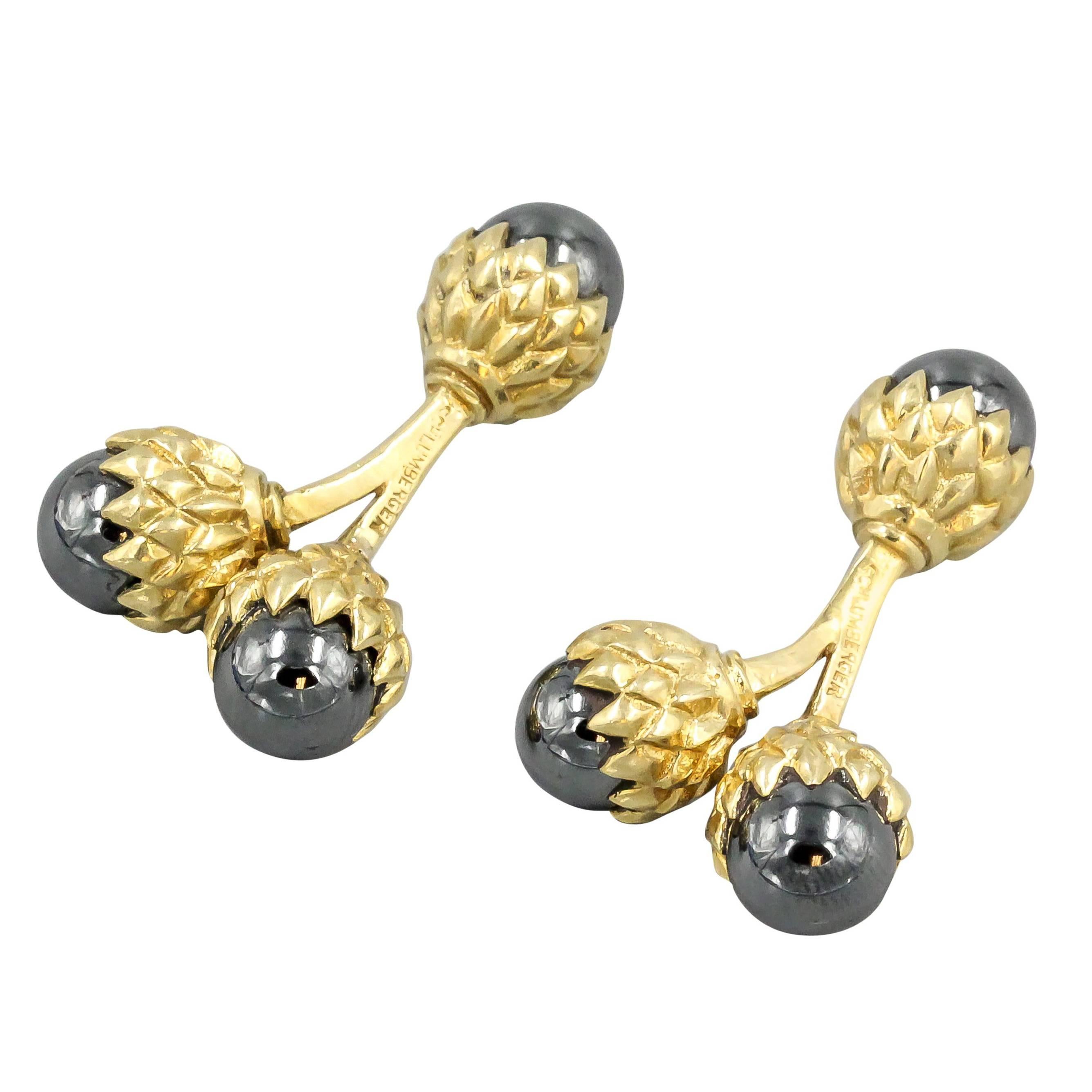 Tiffany & Co. Schlumberger Hematite and Gold Double Acorn Cufflinks