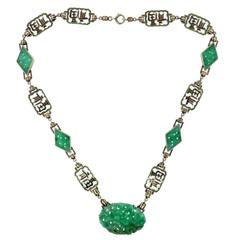  " Long Happy Life " Carved Jade And Enamel Necklace