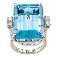 Vintage 1950s 30.00 Carat Aquamarine Diamond Gold Ring