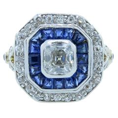 Old Asscher Cut Diamond and Sapphire Ring