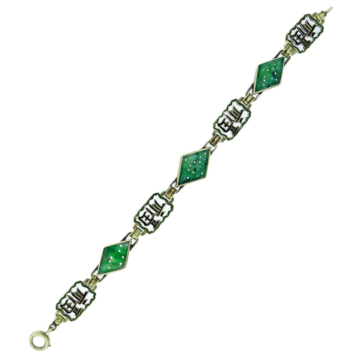 A Long and Happy Life Enamel Jade Gold link Bracelet For Sale