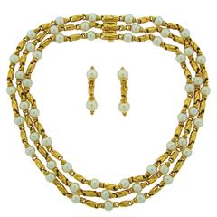 Vintage 1980s Bulgari Akoya Pearl Gold Necklace and Earrings Set