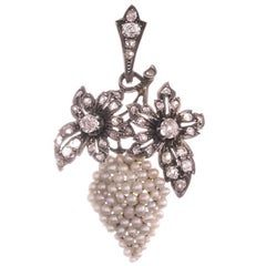 Victorian Seed Pearl Diamond Silver Gold Grapes Motif Pendant
