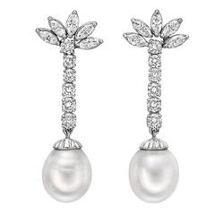 Pearl Diamond Cluster Pendant Earrings