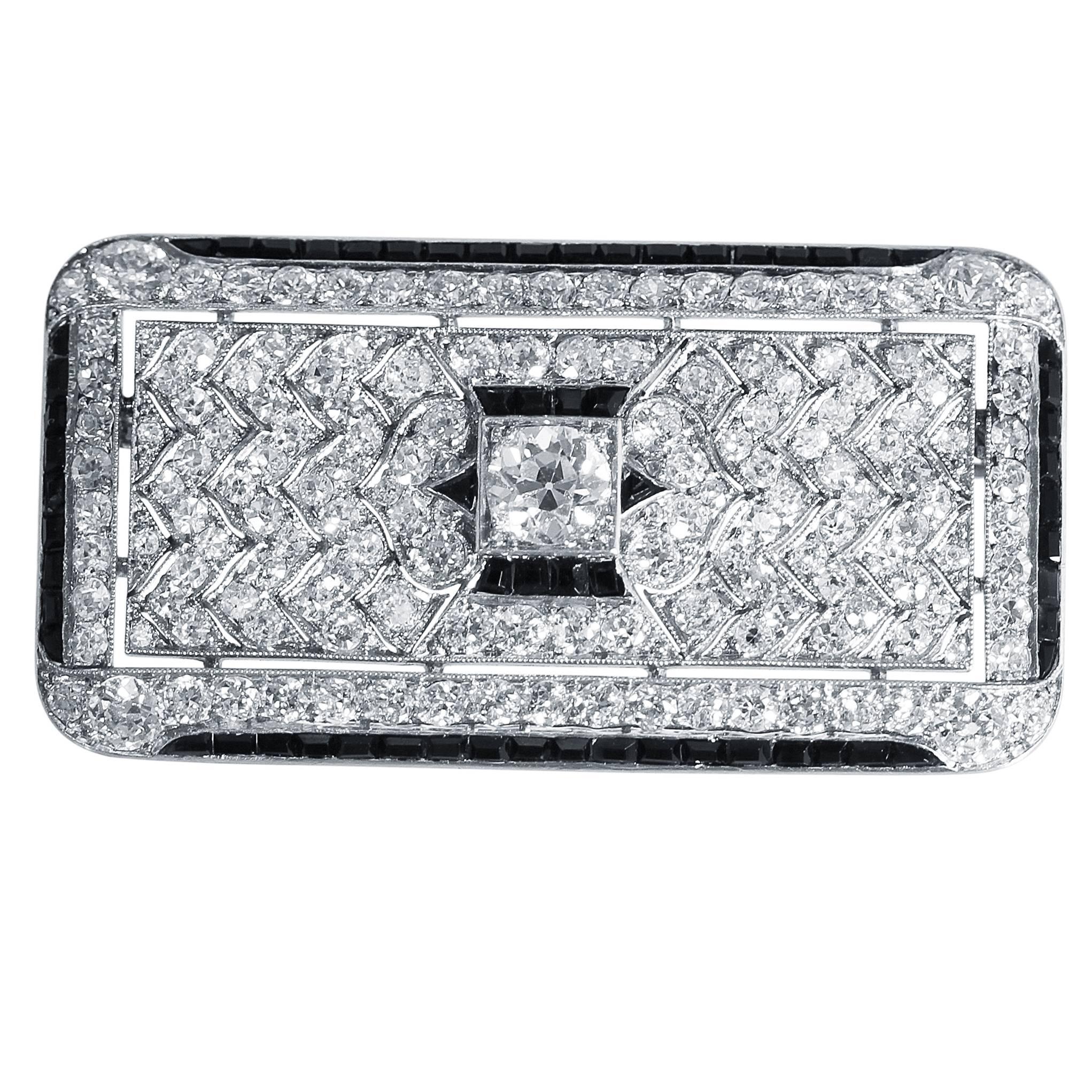 1924 Cartier Art Deco Onyx Diamond Platinum Brooch For Sale