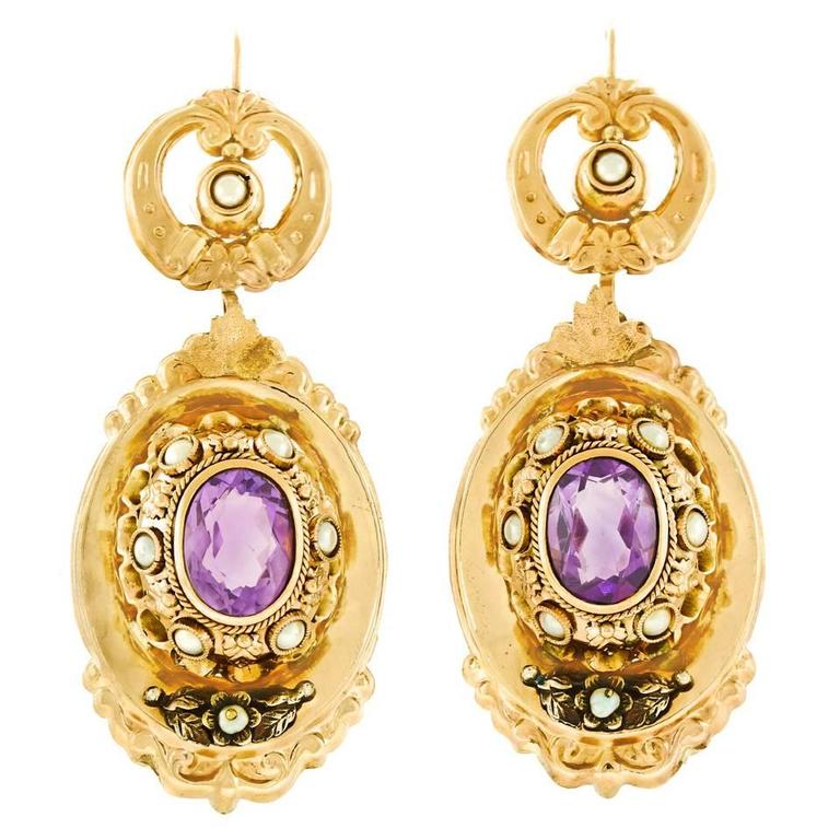Antique Chic Amethyst Pearl Gold Earrings at 1stdibs