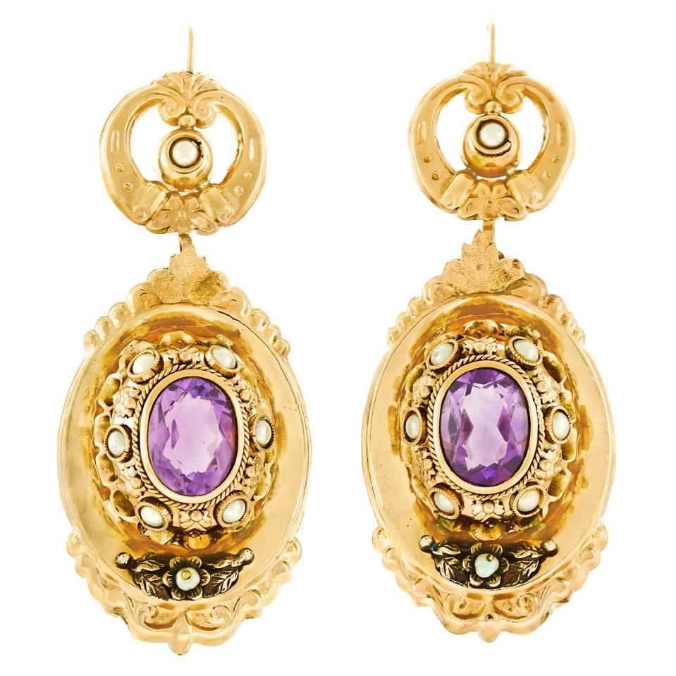  Antique Chic Amethyst Pearl Gold Earrings