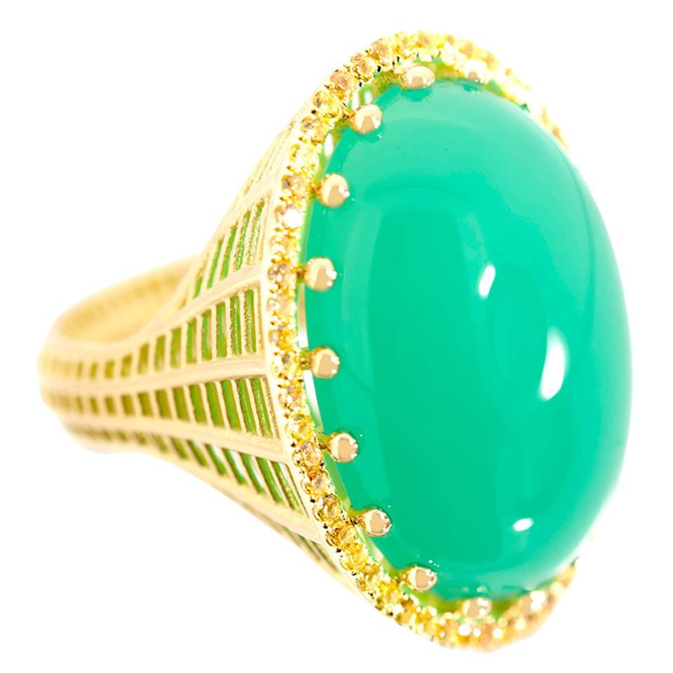 Chrysoprase Yellow Sapphire Pavé Gold Ring For Sale