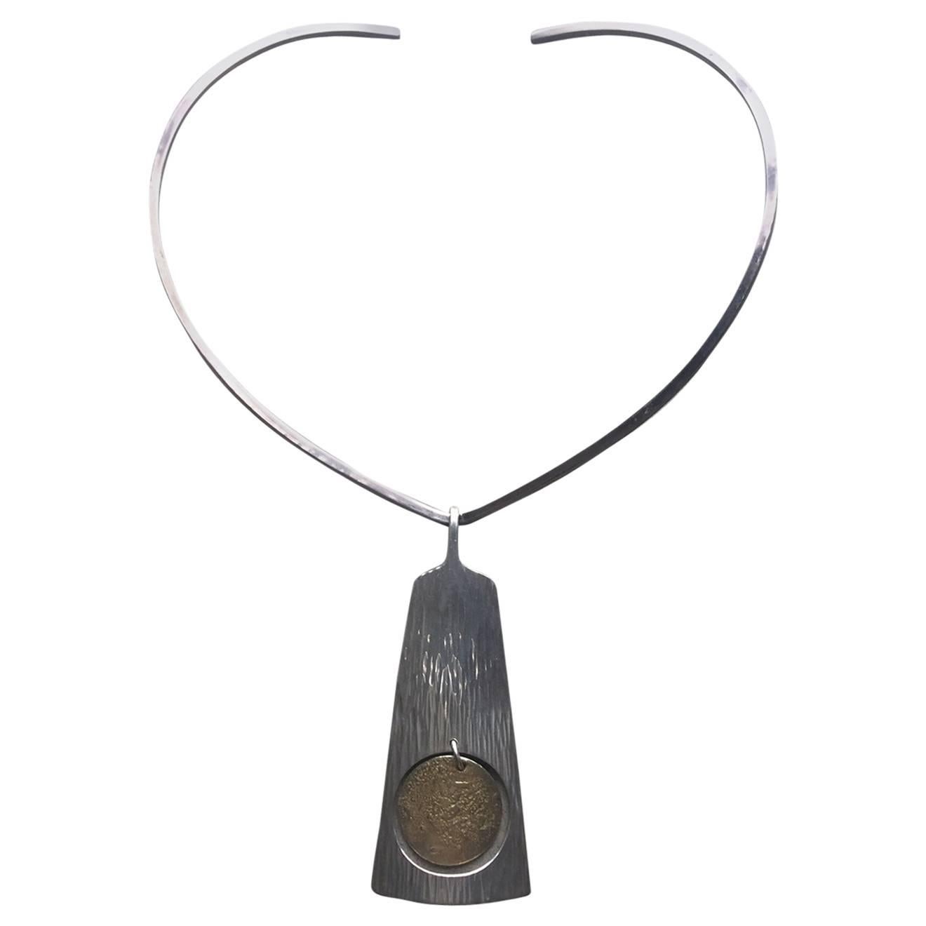 Hans Hansen Sterling Silver Gold Vermeil Pendant on Sterling Silver Neckring