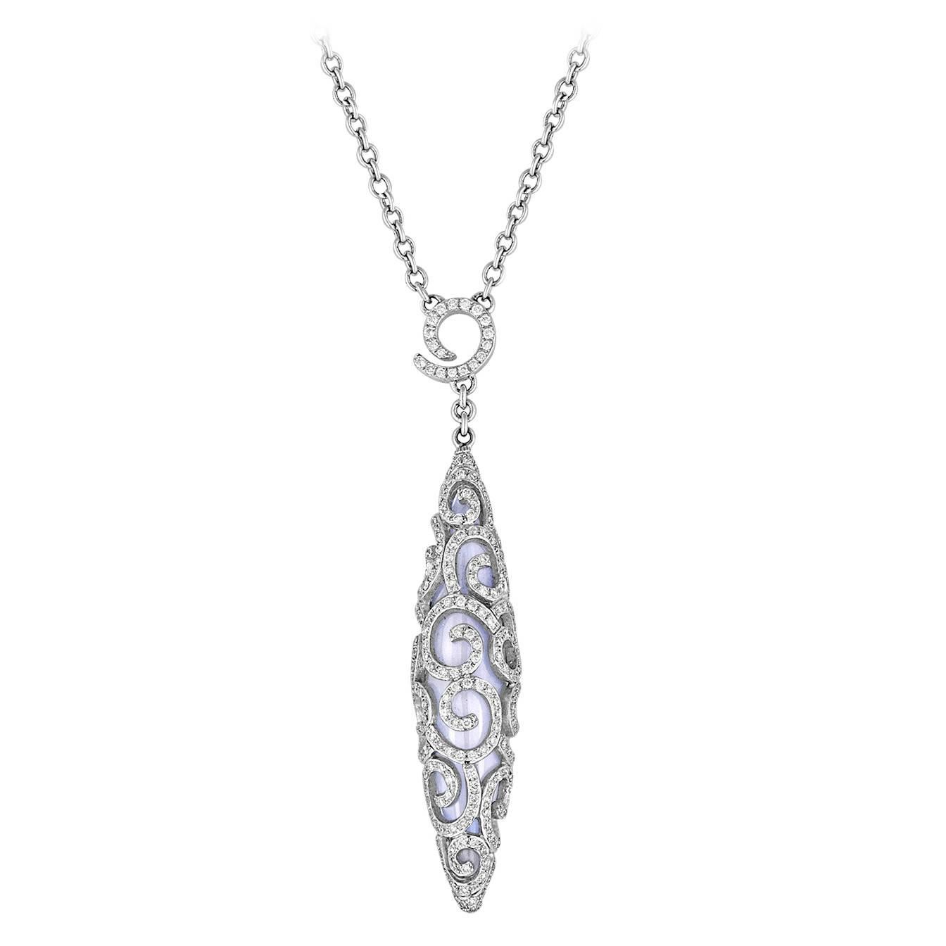 Chalcedony Diamond Gold Scroll Pendant Necklace For Sale