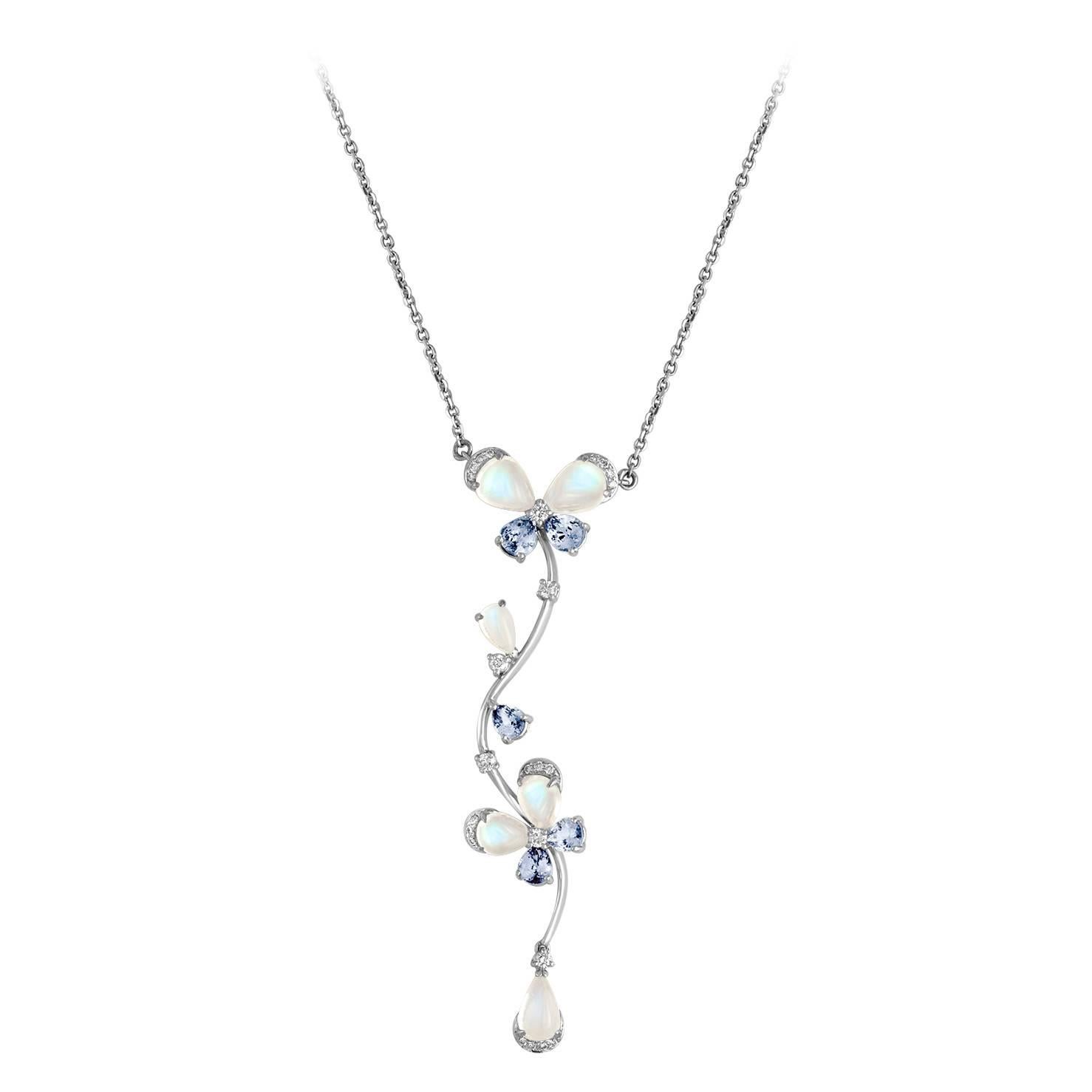 Moonstone Tanzanite Diamond Gold Flower Design Necklace