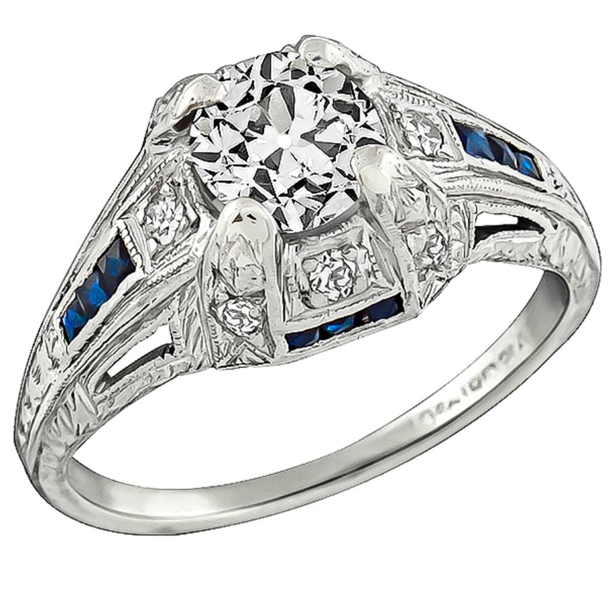 0.65 Old Mine Cut Diamond Sapphire Platinum Engagement Ring For Sale