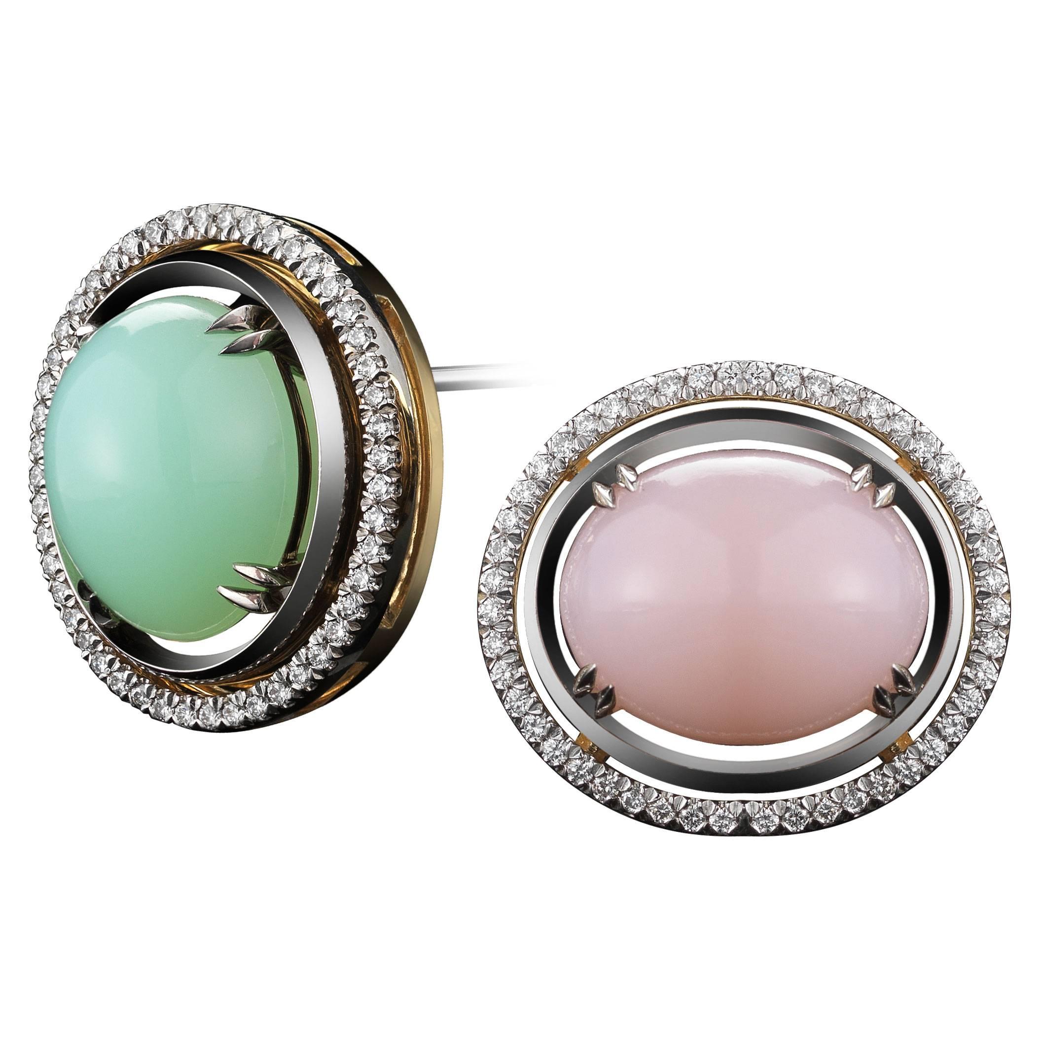 Alexandra Mor Green and Pink Cabochon Opal with Diamond Jacket Earrings For Sale