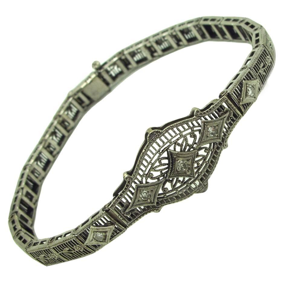 Diamond Gold Filigree Bracelet Art Deco 1930's