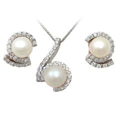 1.27Ct Diamond & Pearl, 18k White Gold Earring & Necklace Set - Vintage