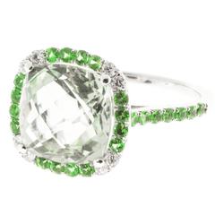 Green Quartz Garnet Diamond Halo Gold Ring