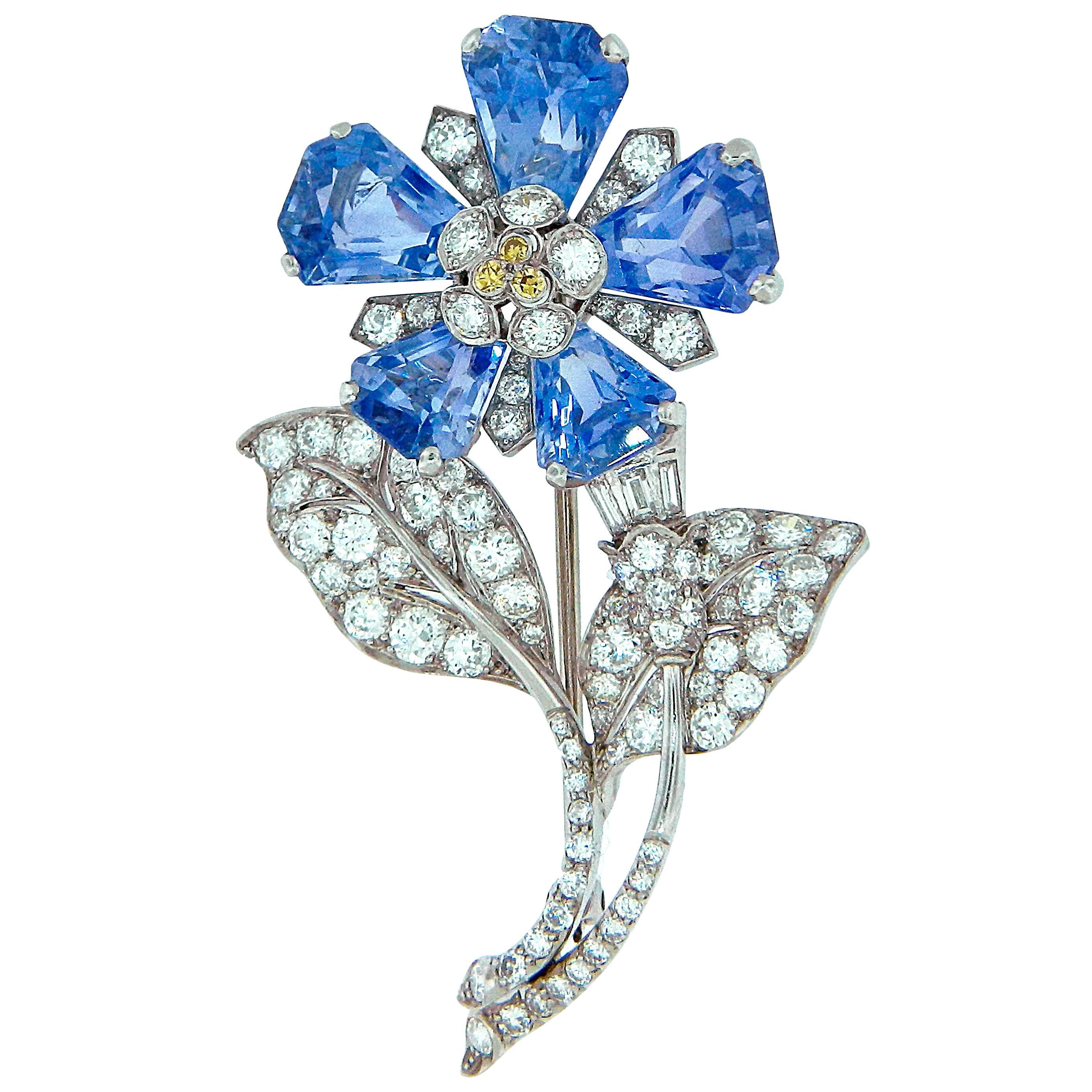 Stunning 1930s Sapphire Diamond Platinum Flower Brooch For Sale