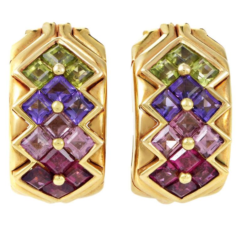 Bulgari Multi-Color Stone Gold Clip-On Earrings at 1stDibs