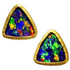 Devta Doolan One of a Kind Glowing Opal Doublet Gold Triangular Stud Earrings