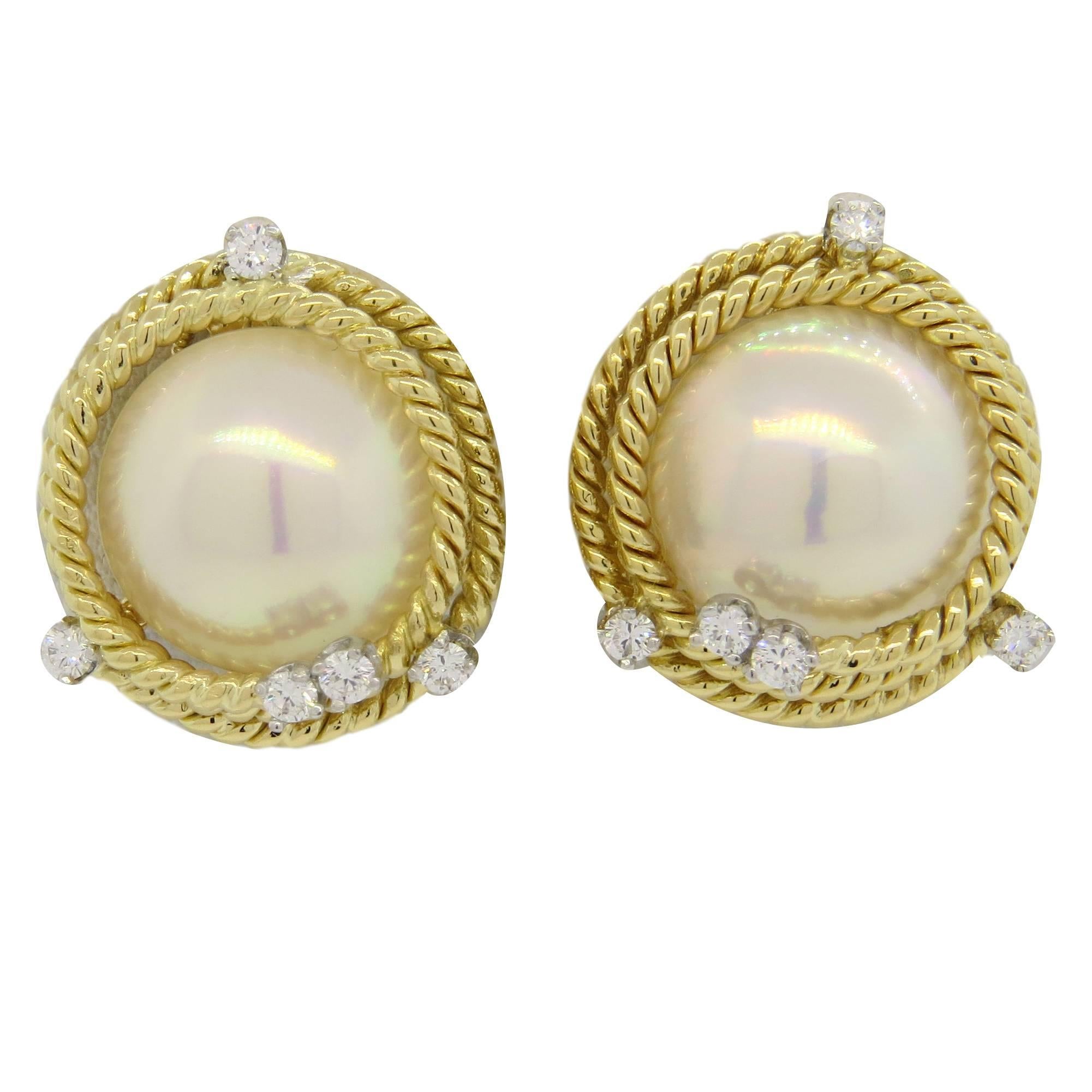 Tiffany & Co. Jean Schlumberger Pearl Diamond Gold Rope Earrings