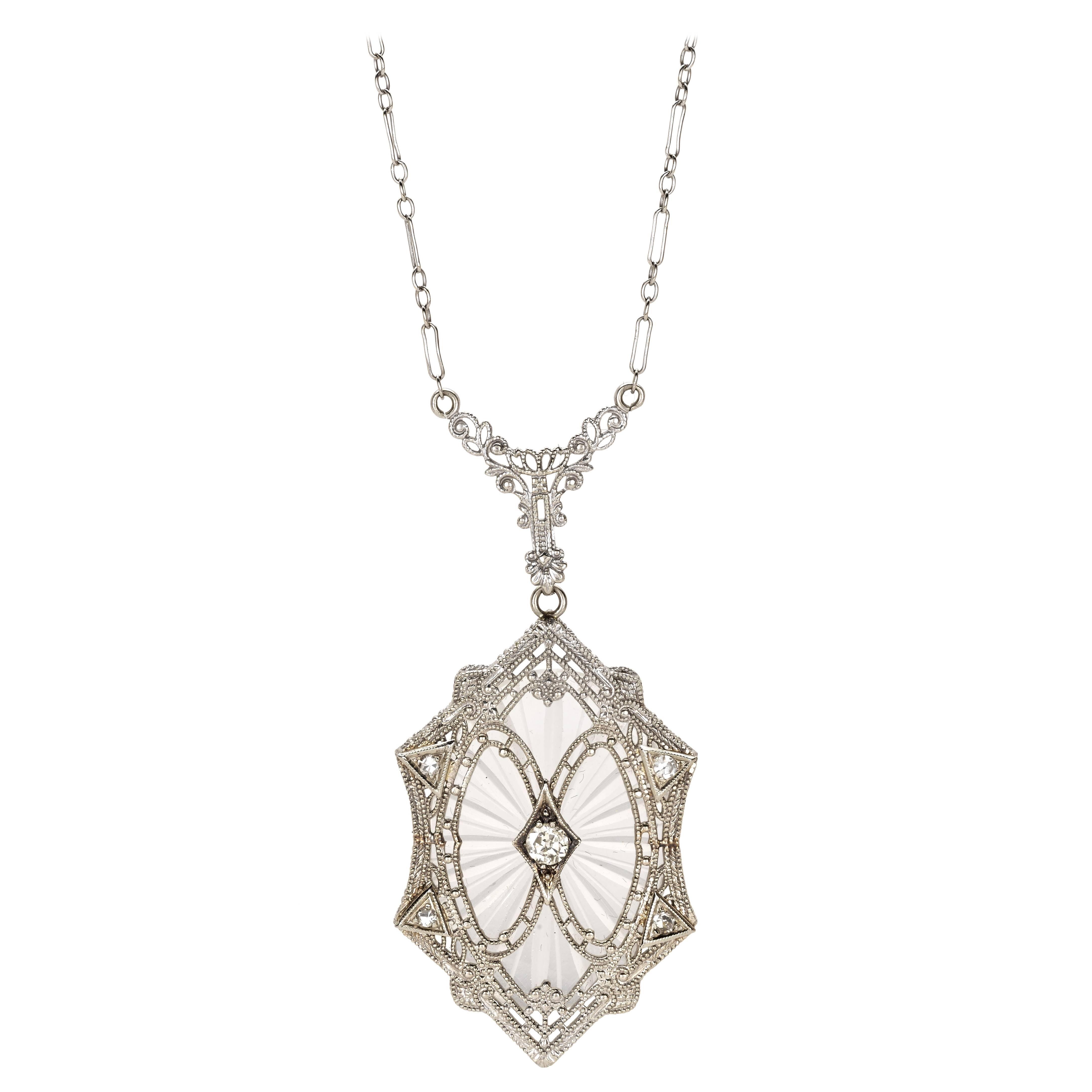 Art Deco Rock Crystal Diamond Gold Filigree Necklace