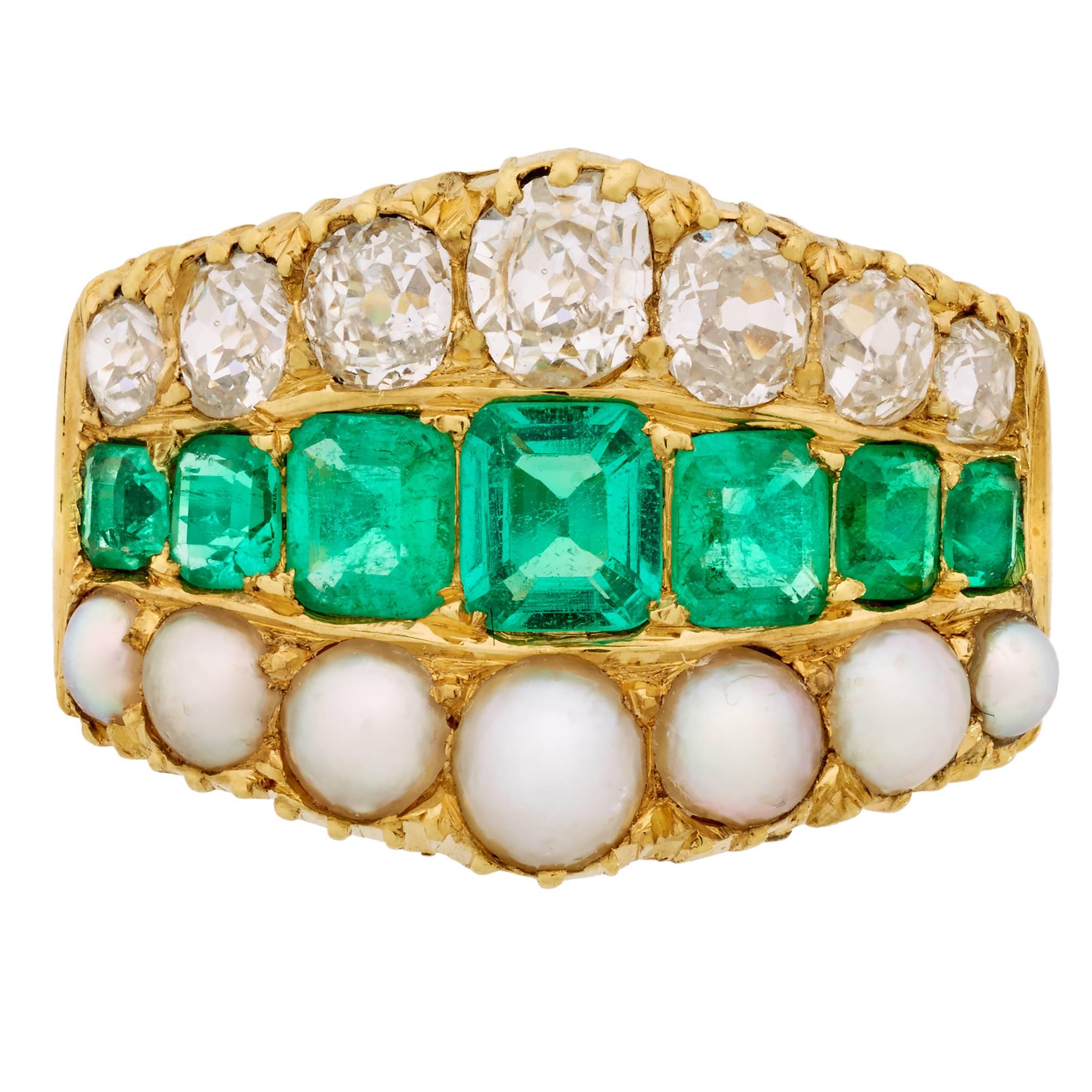 Late Victorian 18K Gold Emerald Split Pearl and Diamond Wide Half Hoop Ring For Sale