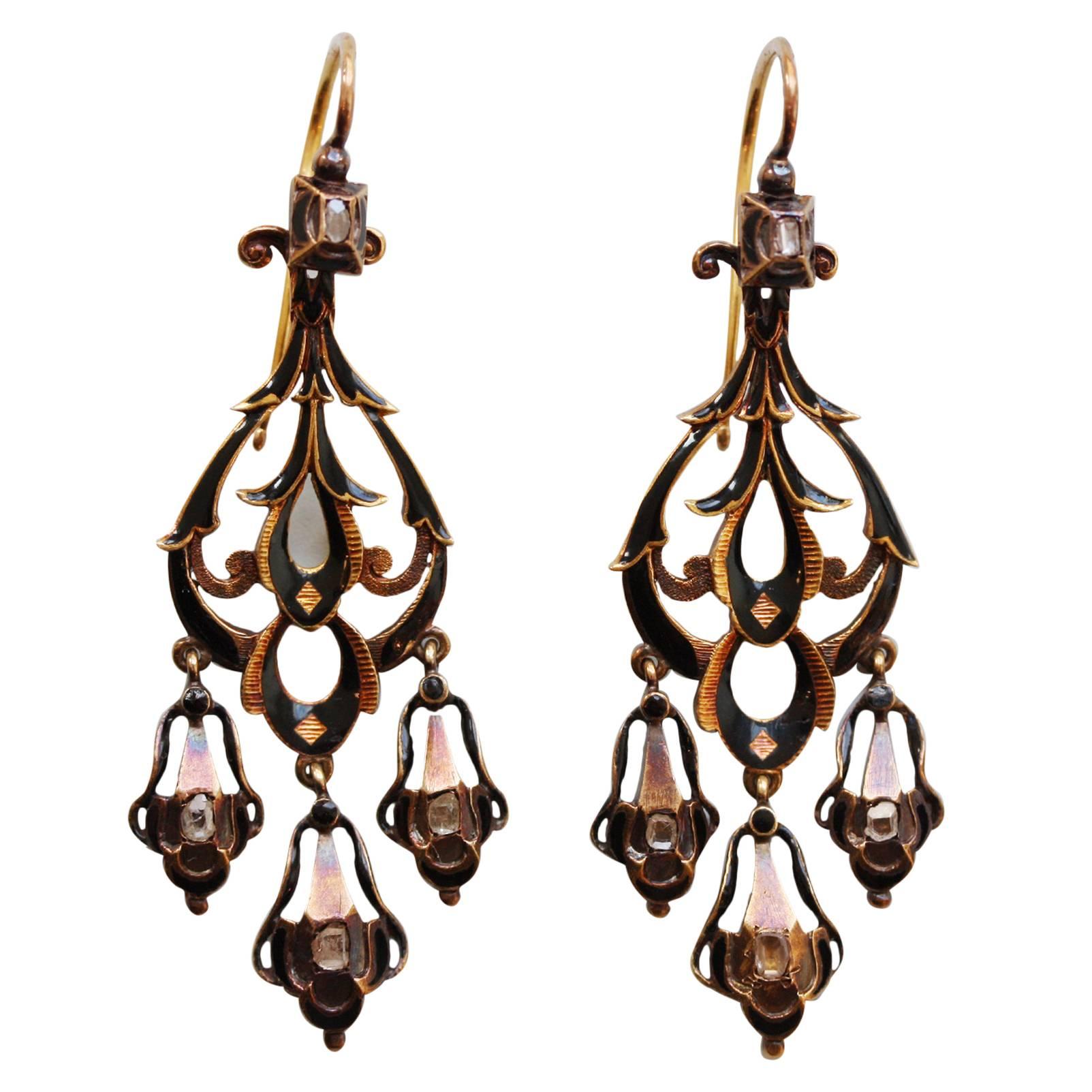 Neo Renaissance Black Enamel Diamond Gold Dangle Earrings