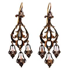 Antique Neo Renaissance Black Enamel Diamond Gold Dangle Earrings