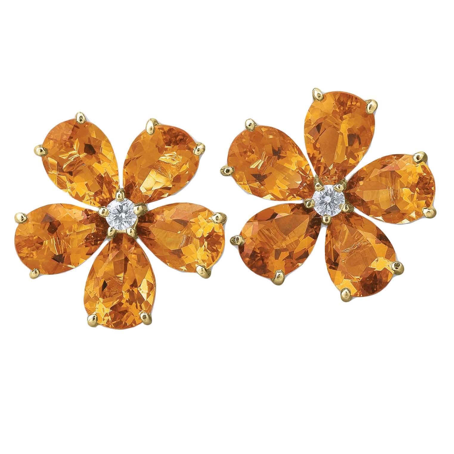 Pear Shaped Citrine Diamond Gold Cluster Earrings 