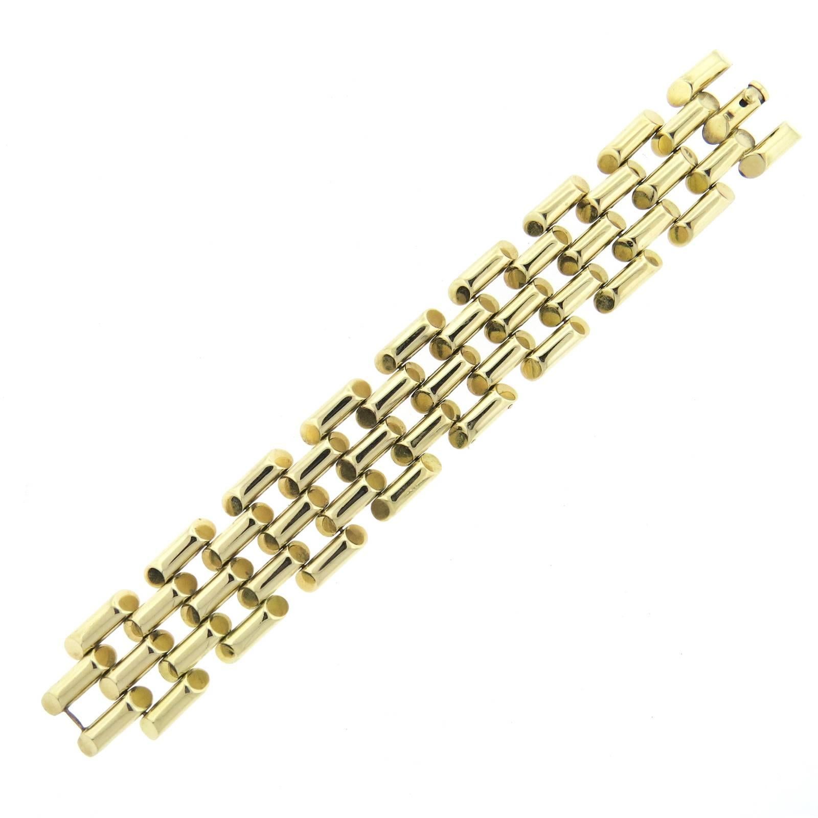 Mid Century Wide Five Row Gold Tubular Link Bracelet