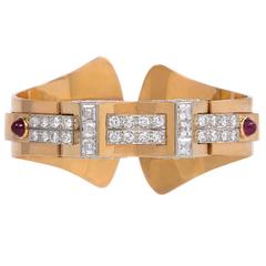 1940s Boucheron ruby diamond gold Cuff Bracelet