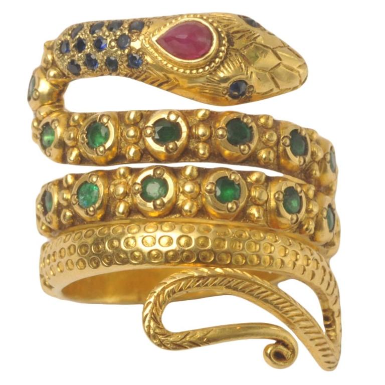 sapphire emerald diamond gold Snake Ring at 1stDibs
