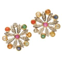 Vintage Fine Navaratna Gold Earrings with Precious Stones