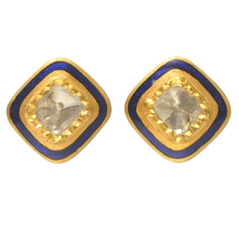 22K Gold, Enamel and Rose Cut Diamond Stud Earrings