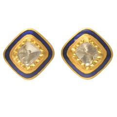22K Gold, Enamel and Rose Cut Diamond Stud Earrings