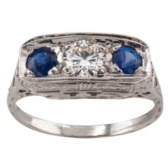Art Deco Sapphire Diamond Three-Stone Engagement Ring