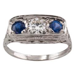 Art Deco Sapphire Diamond Gold Three-Stone Ring 8