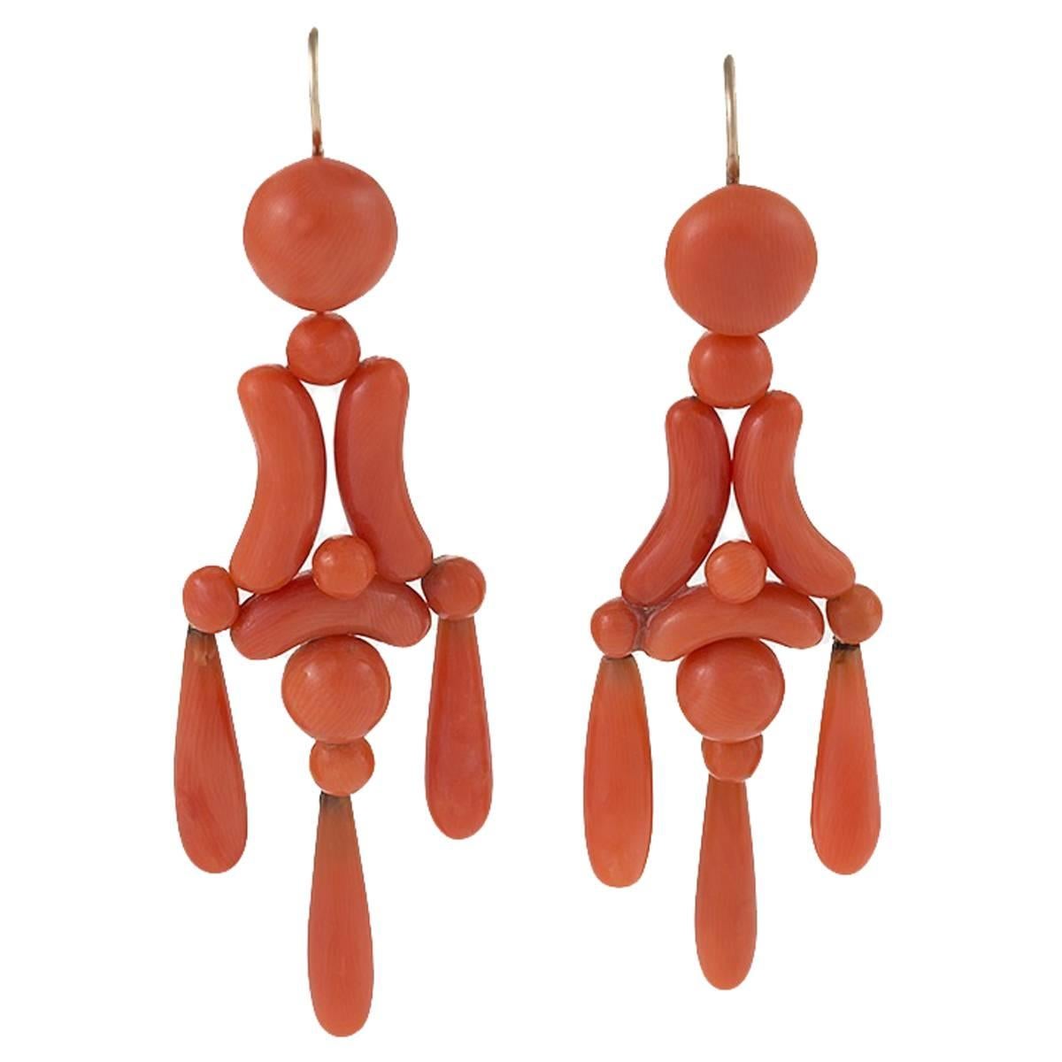 Victorian Coral and Gold Girandole Earrings