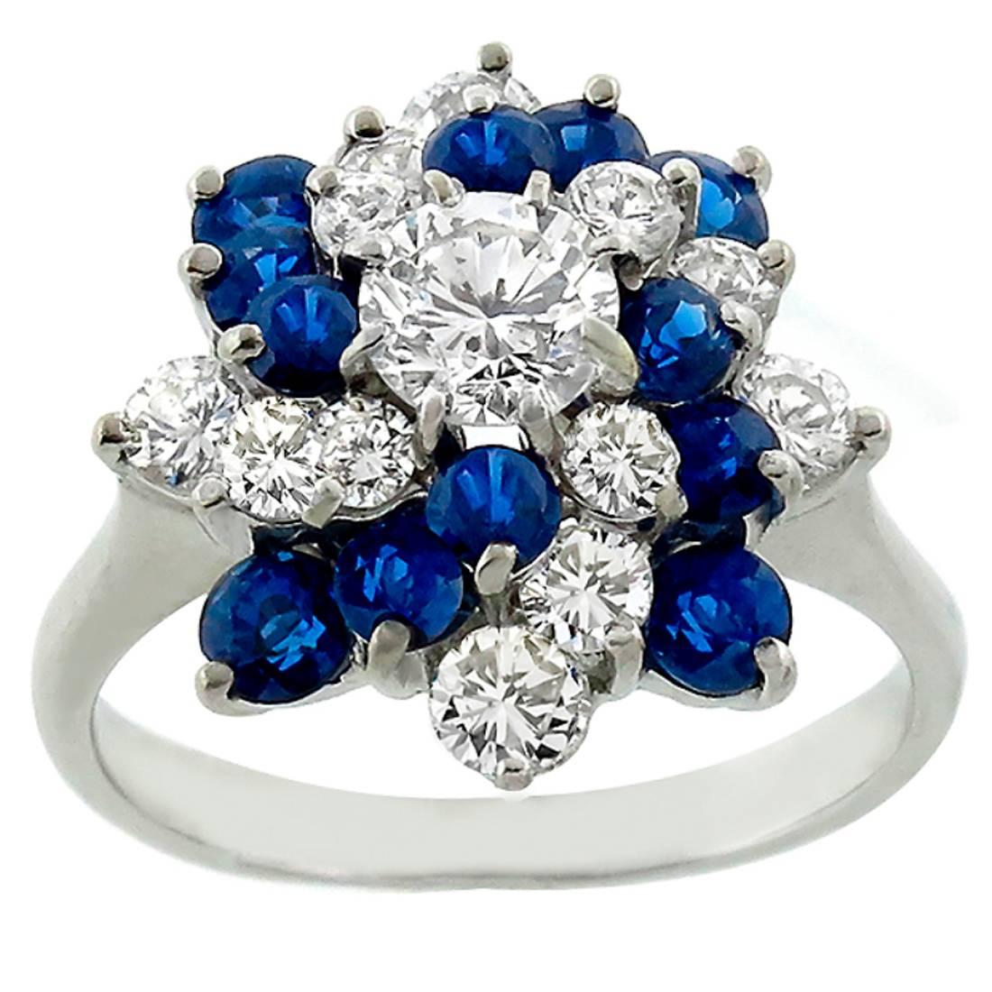 1970s Sapphire Diamond Gold Cluster Ring